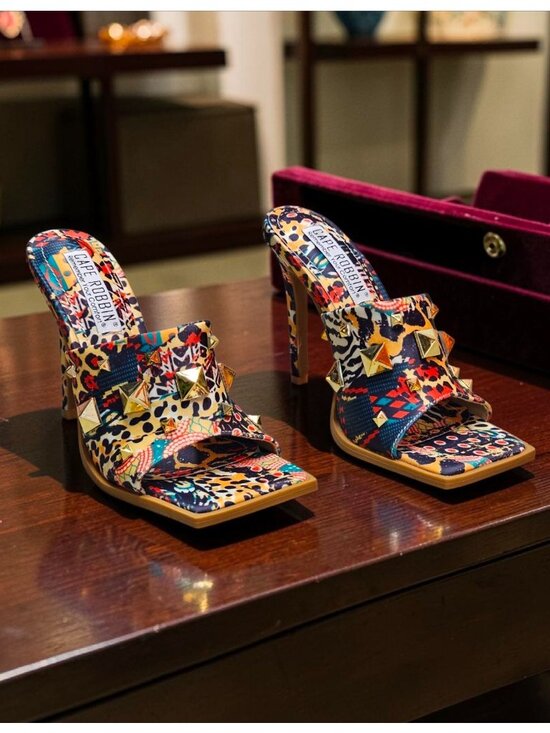 Shoes - Cape Robbin Gold Studded Multicolor Printed High Heel Mules With Open Toe Womens